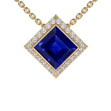 Lab Grown Blue Sapphire Square Halo Diamond 14 KT Yellow Gold Pendant