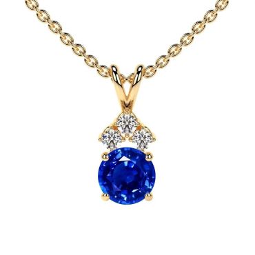Lab Grown Blue Sapphire Round 14 KT Yellow Gold Pendant with Three Diamonds