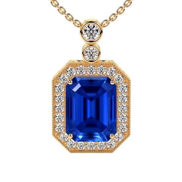 Lab Grown Emerald Cut Round Diamonds Sapphire 14 KT Yellow Gold Pendant
