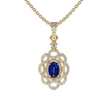 Lab Grown Blue Sapphire Oval Cut Designer 14 KT Yellow Gold Pendant