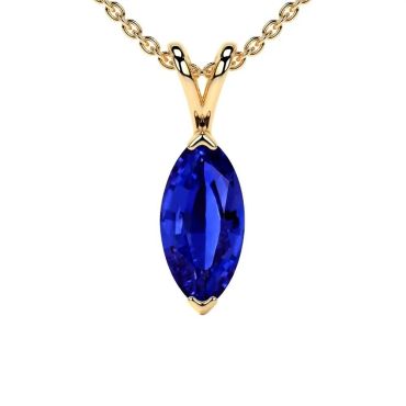 Lab Grown Blue Sapphire Marquise Solitaire 14 KT Yellow Gold Pendant