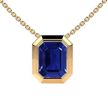 Lab Grown Blue Sapphire Emerald Cut Solitaire Bezel 14 KT Yellow Gold Pendant