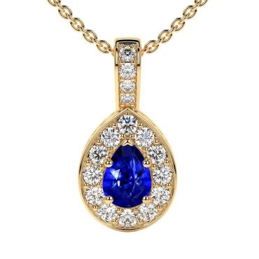 Lab Grown Blue Sapphire Pear Classic Halo 14 KT Yellow Gold Pendant