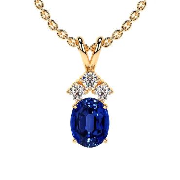 Lab Grown Blue Sapphire Oval Cut 14 KT Yellow Gold Pendant with Three Round Diamonds