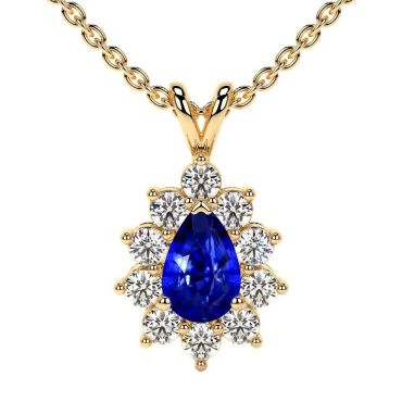 Lab Grown Blue Sapphire Pear Halo Diana 14 KT Yellow Gold Pendant