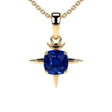 Lab Grown Blue Cushion Sapphire Solitaire 14 KT Yellow Gold Pendant