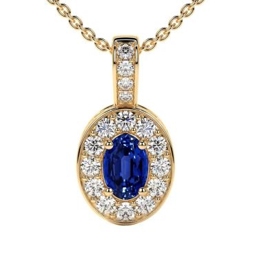 Lab Grown Blue Sapphire Oval Cut Classic Halo 14 KT Yellow Gold Pendant