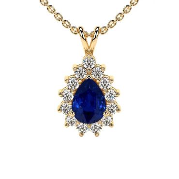Lab Grown Blue Sapphire Pear Shape 14 KT Yellow Gold Pendant With Round Diamonds