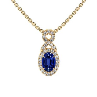 Lab Grown Blue Sapphire Oval Cut Twist Halo 14 KT Yellow Gold Pendant