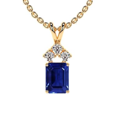 Lab Grown Blue Sapphire Emerald Cut 14 KT Yellow Gold Pendant with Three Round Diamonds