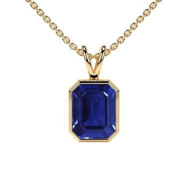 Lab Grown Blue Sapphire Emerald Cut Solitaire Classic Bezel 14 KT Yellow Gold Pendant
