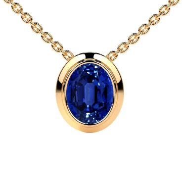 Lab Grown Blue Sapphire Oval Cut Solitaire Bezel 14 KT Yellow Gold Pendant