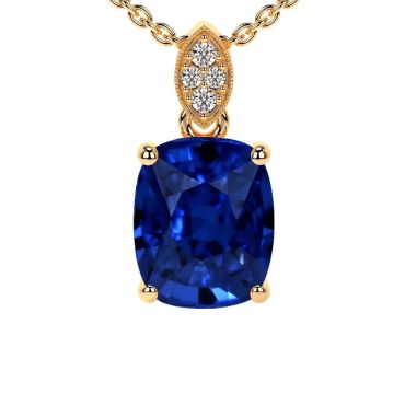 Lab Grown Blue Cushion Sapphire Round Diamonds 14 KT Yellow Gold Pendant