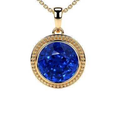 Lab Grown Blue Round Sapphire Bezel Set Solitaire 14 KT Yellow Gold Pendant
