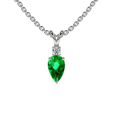 Lab Grown Emerald Pear Pendant with 14 KT White Gold Round Diamond