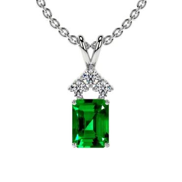 Lab Grown Emerald Emerald Cut Pendant with Three 14 KT White Gold Round Diamonds