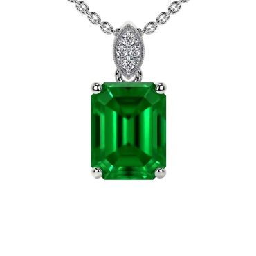Lab Grown Emerald 14 KT White Gold Round Diamonds Pendant
