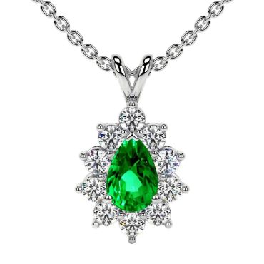 Lab Grown Emerald Pear Halo Diana 14 KT White Gold Pendant