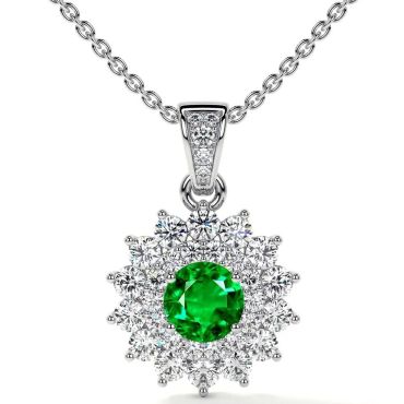 Lab Grown Emerald Round Starburst Halo 14 KT White Gold Pendant
