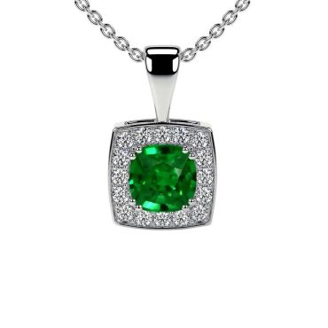 Lab Grown Emerald Square Cushion Cut 14 KT White Gold Pendant With Round Diamonds