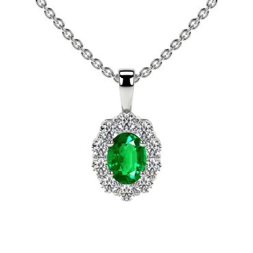 Lab Grown Emerald Oval Cut Halo 14 KT White Gold Pendant