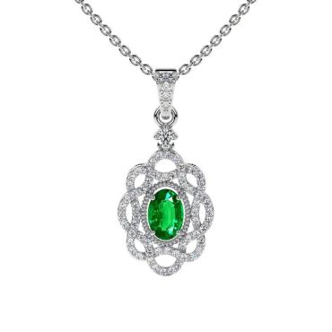 Lab Grown Emerald Oval Cut Designer 14 KT White Gold Pendant