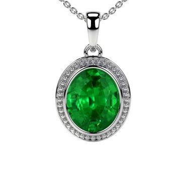 Lab Grown Emerald Bezel Set Solitaire 14 KT White Gold Pendant