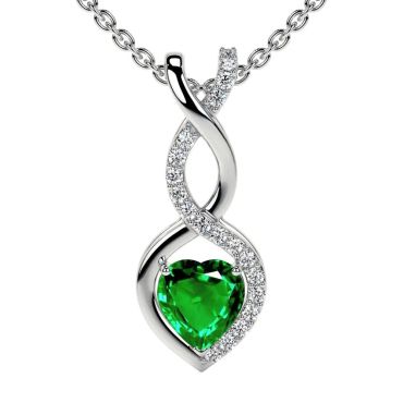 Lab Grown Emerald Heart 14 KT White Gold Pendant Round Diamonds