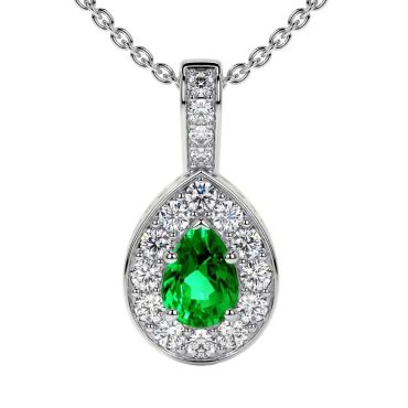 Lab Grown Emerald Pear Classic Halo 14 KT White Gold Pendant