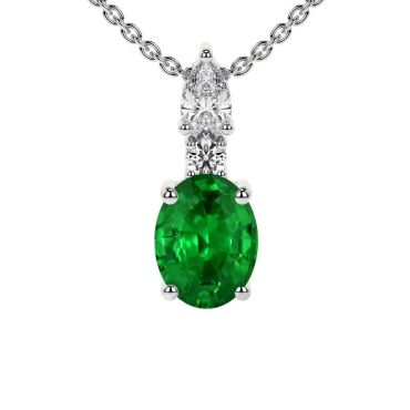 Lab Grown Emerald Oval Cut With Round And Pear Diamonds 14 KT White Gold Pendant