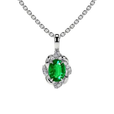 Lab Grown Emerald Oval Cut Flower 14 KT White Gold Pendant