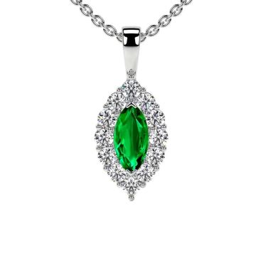 Lab Grown Emerald Marquise Halo 14 KT White Gold Pendant