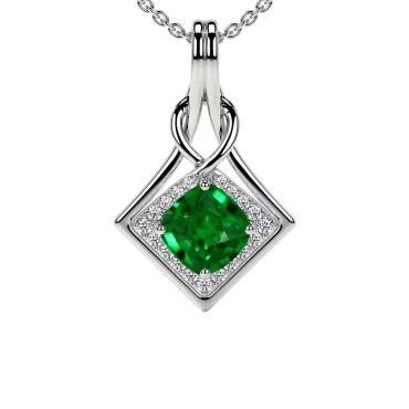 Lab Grown Emerald Square Cushion Round Diamonds 14 KT White Gold Pendant