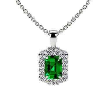 Lab Grown Emerald Emerald Cut Halo 14 KT White Gold Pendant