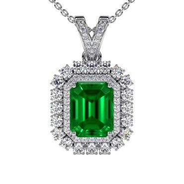 Lab Grown Emerald Round Diamonds Emerald Cut 14 KT White Gold Pendant