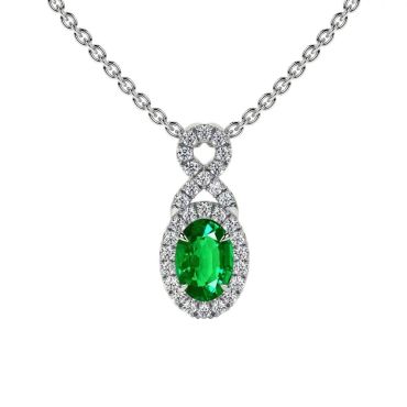 Lab Grown Emerald Oval Cut Twist Halo 14 KT White Gold Pendant