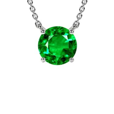 Lab Grown Emerald Round Classic Solitaire 14 KT White Gold Pendant