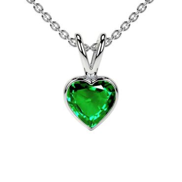 Lab Grown Emerald Heart Solitaire Classic Bezel 14 KT White Gold Pendant