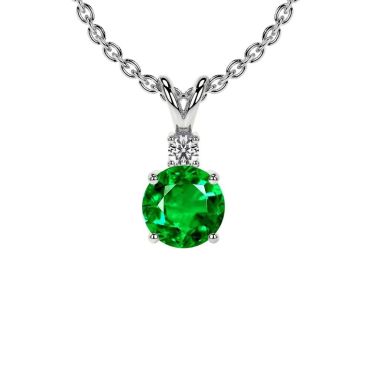 Lab Grown Emerald Round 14 KT White Gold Pendant with Diamond