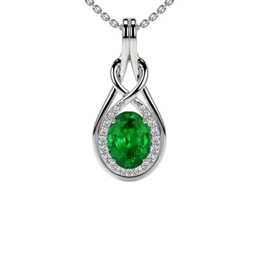 Lab Grown Emerald Oval Round Diamonds 14 KT White Gold Pendant