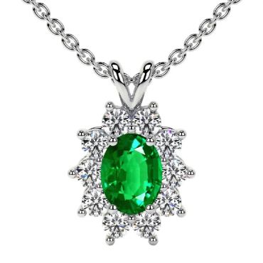 Lab Grown Emerald Oval Cut Halo Diana 14 KT White Gold Pendant