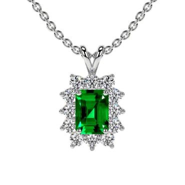 Lab Grown Emerald Emerald Cut Halo Diana 14 KT White Gold Pendant