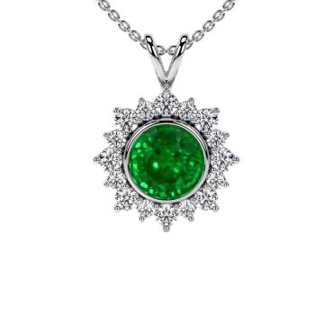 Lab Grown Emerald Prong Set Round Diamonds 14 KT White Gold Pendant