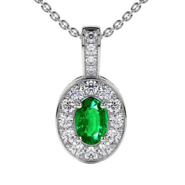 Lab Grown Emerald Oval Cut Classic Halo 14 KT White Gold Pendant