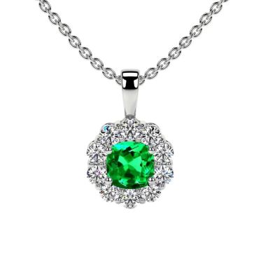 Lab Grown Emerald Square Cushion Halo 14 KT White Gold Pendant