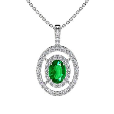 Lab Grown Emerald Oval Cut Double Halo 14 KT White Gold Pendant