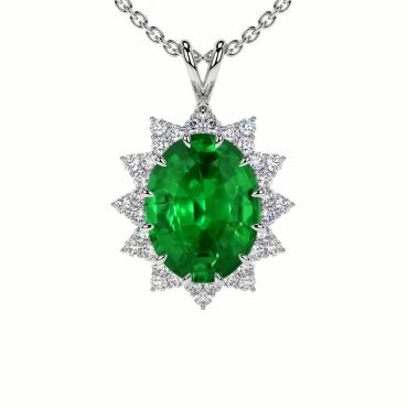 Lab Grown Emerald Oval Prong Set Round Diamonds 14 KT White Gold Pendant