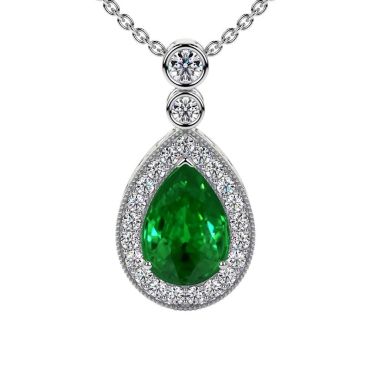 Lab Grown Round Diamonds Pear Emerald 14 KT White Gold Pendant