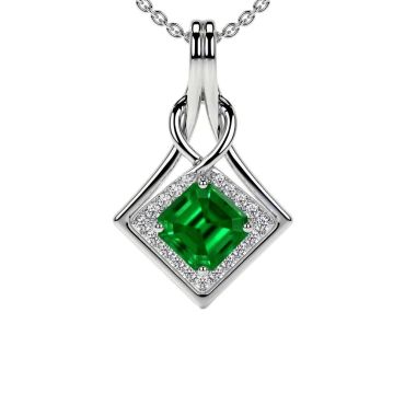 Lab Grown Emerald Cut Emerald Round Diamonds 14 KT White Gold Pendant