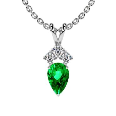 Lab Grown Emerald Pear 14 KT White Gold Pendant with Three Round Diamonds